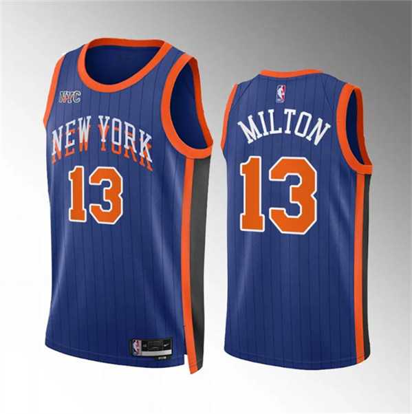 Men%27s New Yok Knicks #13 Shake Milton Blue 2023-24 City Edition Stitched Basketball Jersey Dzhi